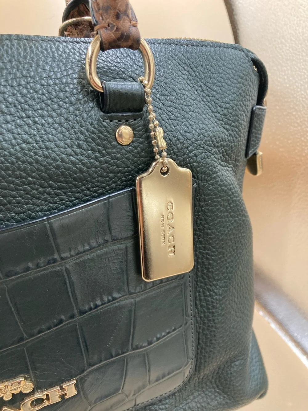 Coach Teal Leather Satchel with Brown Snake-Print Handles